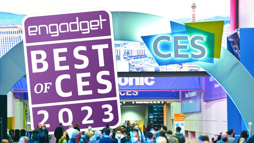 A crowd shot at CES 2022 with an archway emblazoned with the CES logo and the Axget Best of CES 2023 badge superimposed on the top left.