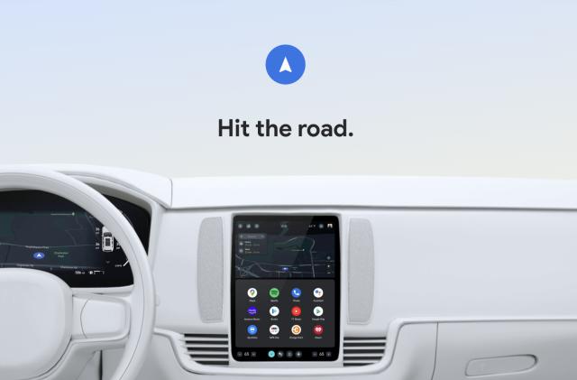 A computer render of a car with an entertainment console showing Google apps.