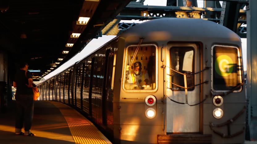 NEW YORK, NY - AUGUST 2: A G train arrives at the Smith - 9th Street station in Brooklyn on August 2, 2021 in New York City.  (Photo by Gary Hershorn/Getty Images)