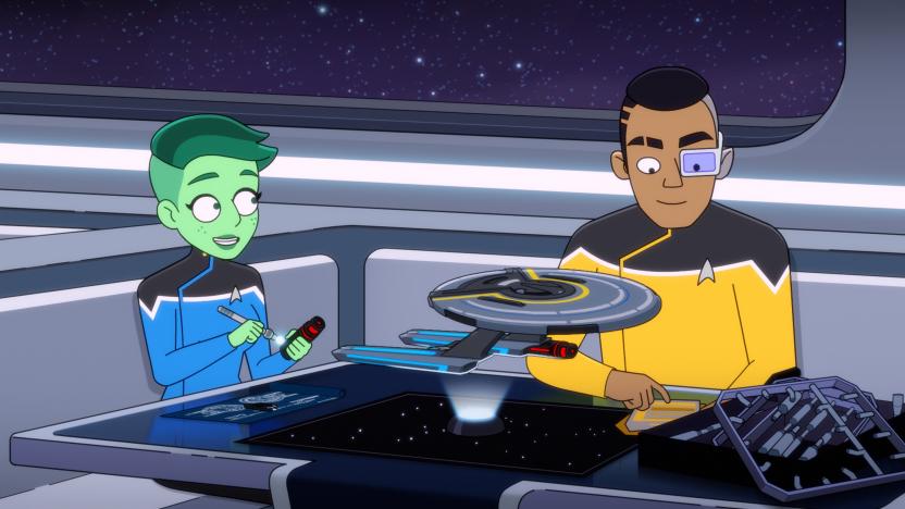 205: An Embarrassment of Dooplers -- Noel Wells as Ensign Tendi and  Eugene Cordero as Ensign Rutherford of the Paramount+ series STAR TREK: LOWER DECKS. Photo: PARAMOUNT+ Â©2021 CBS Interactive, Inc. All Rights Reserved **Best Possible Screen Grab** 
