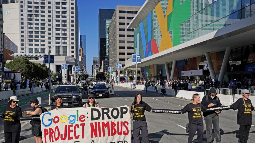 Local activists and tech workers protest against Google and Amazon's Project Nimbus contract with the Israeli military and government, outside the Google Cloud Next Conference in San Francisco, California, U.S. August 29, 2023. 