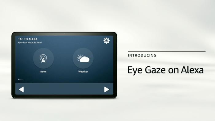A banner showing the words Eye Gaze on Alexa, with a tablet on the left showing two big icons for News and Weather.