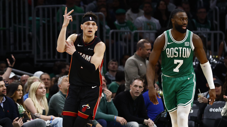 Getty Images - BOSTON, MA - APRIL 24: Tyler Herro #14 of the Miami Heat celebrates a three-point basket as he runs past Jaylen Brown #7 of the Boston Celtics during the third quarter of game two of the Eastern Conference First Round Playoffs at TD Garden on April 24, 2024 in Boston, Massachusetts. NOTE TO USER: User expressly acknowledges and agrees that, by downloading and/or using this Photograph, user is consenting to the terms and conditions of the Getty Images License Agreement. (Photo By Winslow Townson/Getty Images)