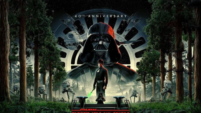 New 40th anniversary poster for Star Wars: Return of the Jedi. Luke stands at the center of the composition with the trees of Endor around him and Darth Vader in the background. 