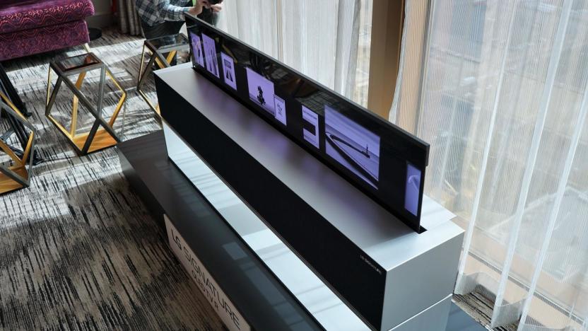 The LG rollable OLED TV is displayed in a hotel room during CES.