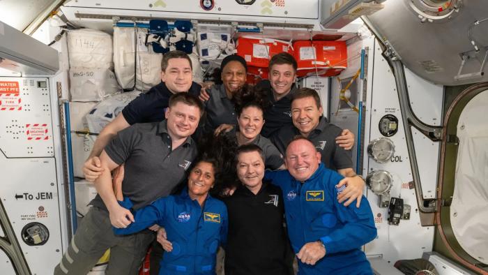 Boeing and ISS astronauts pictured on the ISS: front, from left: Suni Williams, Oleg Kononenko, and Butch Wilmore. Second row from left are, Alexander Grebenkin, Tracy C. Dyson, and Mike Barratt. Back row: Nikolai Chub, Jeanette Epps, and Matthew Dominick
