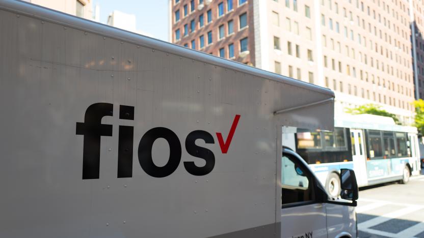 Logo for the Verizon Fios fiber optic internet service on the side of a truck on Madison Avenue on the Upper East Side of Manhattan, New York City, New York, September 15, 2017. (Photo by Smith Collection/Gado/Getty Images)