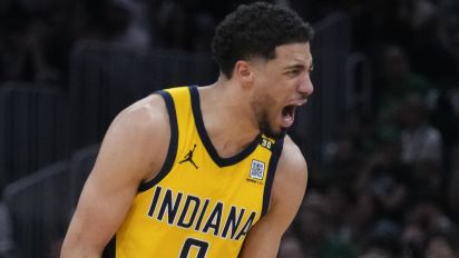Associated Press - Indiana Pacers guard Tyrese Haliburton (0) reacts during the fourth quarter of Game 1 of the NBA Eastern Conference basketball finals against the Boston Celtics, Tuesday, May 21, 2024, in Boston. (AP Photo/Charles Krupa)