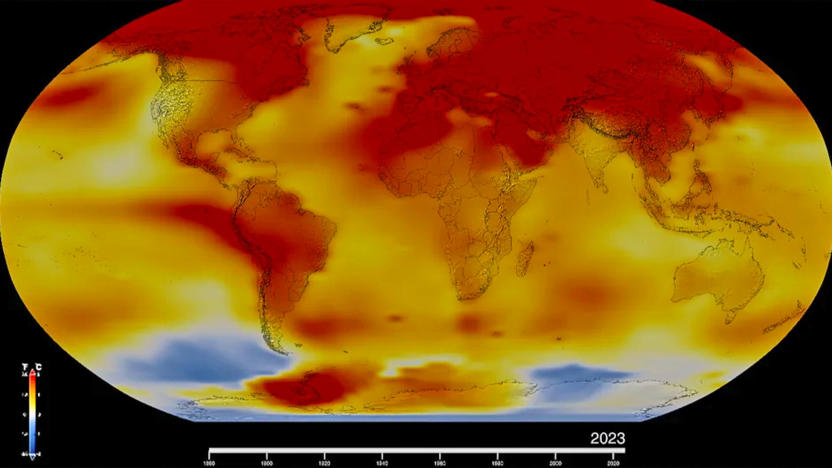 A map of the Earth with color overlay to show hot temperatures during 2023. There's a lot of red and orange.