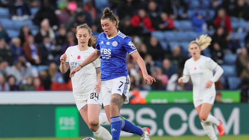 Natasha Flint of Leicester City runs past Keira Walsh of Manchester City during the Barclays FA Women's Super League match between Leicester City and Manchester City at the King Power Stadium, Leicester on Sunday 7th November 2021.  (Photo by James Holyoak/MI News/NurPhoto via Getty Images)