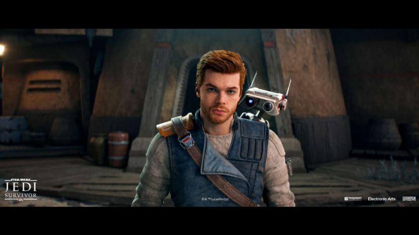 Media asset from 'Star Wars: Jedi Survivor.' The protagonist, Cal Kestis, stands facing the "camera" with his droid (BD-1) strapped to his back.