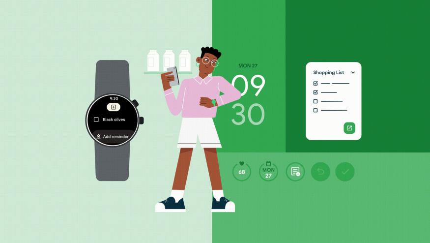 Image from Google's Android 2023 update featuring an animated person checking their watch on a background showing display icons.