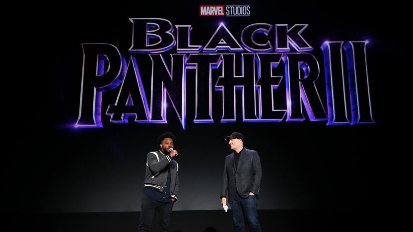 ANAHEIM, CALIFORNIA - AUGUST 24: (L-R) Ryan Coogler of 'Black Panther 2' and President of Marvel Studios Kevin Feige took part today in the Walt Disney Studios presentation at Disney’s D23 EXPO 2019 in Anaheim, Calif.  'Black Panther 2' will be released in U.S. theaters on May 6, 2020. (Photo by Jesse Grant/Getty Images for Disney)