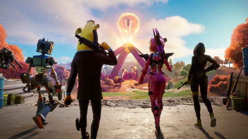 Screenshot of four Fortnite characters wielding weapons as they walk toward The Cube Queen, a figure floating above a structure in the distance.