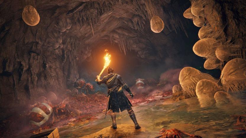 A promotional still from the video game 'Elden Ring' showing a character in a cavern holding a flaming torch for illumination while surrounded by creepy stuff.