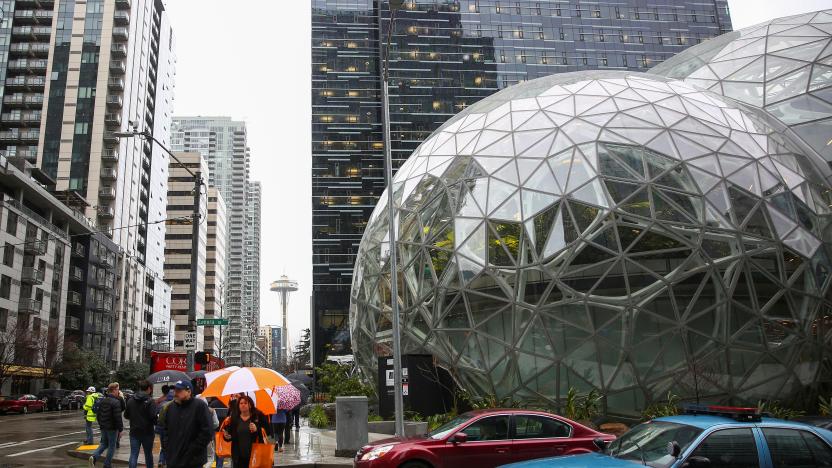 The Amazon Spheres are seen from Lenora Street, the Space Needle in the background, at AmazonÕs Seattle headquarters in Seattle, Washington, U.S., January 29, 2018.    REUTERS/Lindsey Wasson