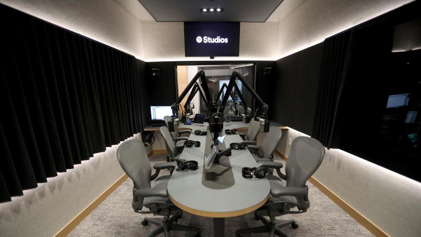 LOS ANGELES, CA - NOVEMBER 20, 2021 - Studio 11 will be used for audio only podcasts inside, "Pod City," where Spotify will record all of its L.A. based podcasts at its new regional headquarters in the Arts District in Los Angeles on November 20, 2021. Studio 11 features six Neumann BCM 705 Dynamic Broadcast microphones. All studios have a non-parallel design to add to the sound. (Genaro Molina / Los Angeles Times via Getty Images)