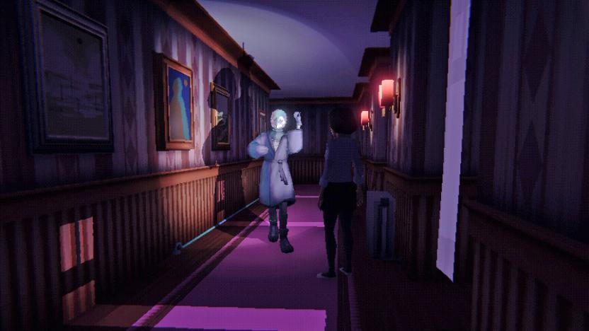 A still from the 'Homebody' video game showing a figure in a dark hallway shining a light on a spooky looking person (or ghost?).