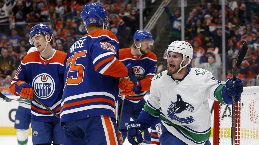 Getty Images - EDMONTON, ALBERTA - MAY 18: Nils Hoglander #21 of the Vancouver Canucks celebrates after scoring a goal against the Edmonton Oilers during the first period in Game Six of the Second Round of the 2024 Stanley Cup Playoffs at Rogers Place on May 18, 2024 in Edmonton, Alberta.  (Photo by Codie McLachlan/Getty Images)