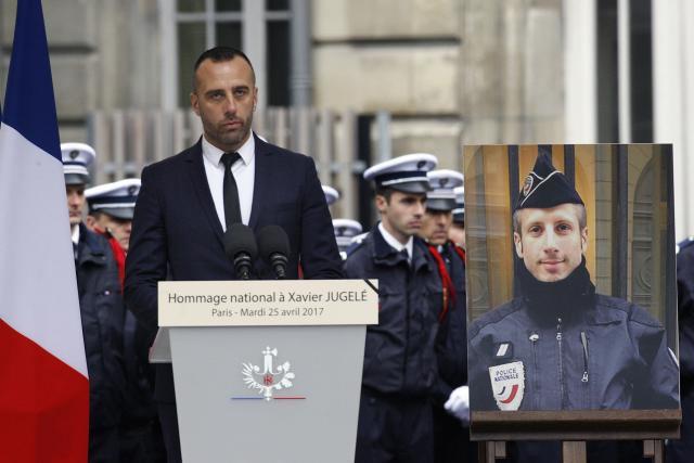 Etienne Cardiles (left) spoke at an April memorial for Xavier Jugelé.