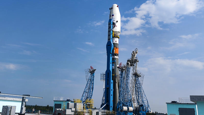 In this photo released by Roscosmos State Space Corporation, the Soyuz-2.1b rocket with the moon lander Luna 25 automatic station is set at a launch pad at the Vostochny Cosmodrome in the Russian Far East on Tuesday, Aug. 8, 2023. Luna 25 is a Russian lunar lander mission scheduled to launch later in August. (Roscosmos State Space Corporation via AP)