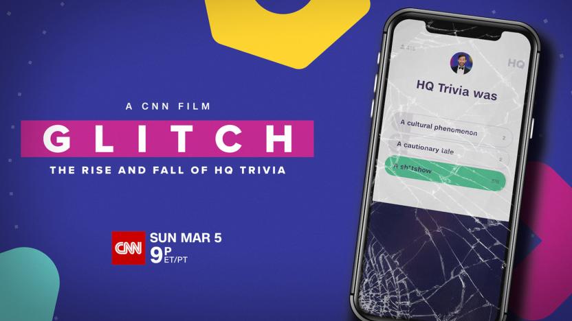 A promotional photo for the CNN Glitch The Rise and Fall of HQ Trivia documentary showing a phone with HQ Trivia on its broken display, along with the documentary's premiere date.