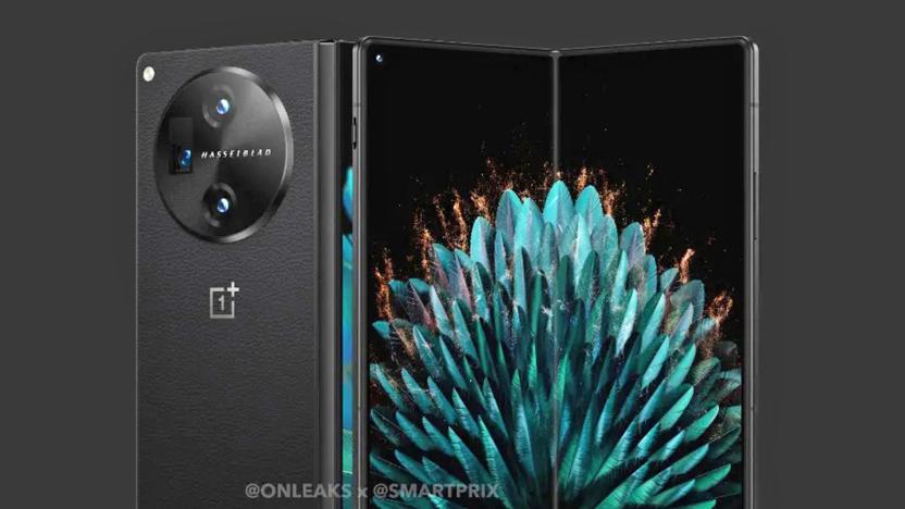 A leaked image of the OnePlus Fold in black seen against a dark grey background.