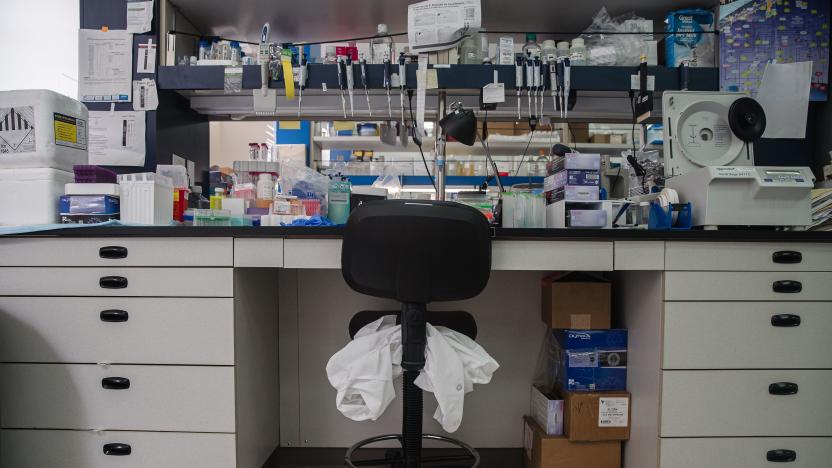 A lab coat is seen on a chair at a workstation in the lab at Sorrento Therapeutics in San Diego, California on May 22, 2020. - Last Friday researchers announced that the antibody,ST1-1499, it had been developing proved to be  effective in blocking the COVID-19 virus in laboratory experiments. Sorrento Therapeutics is a biopharmaceutical company that researches human therapeutic antibodies for the treatment of cancer, inflammation, metabolic, and infectious diseases. (Photo by ARIANA DREHSLER / AFP) (Photo by ARIANA DREHSLER/AFP via Getty Images)