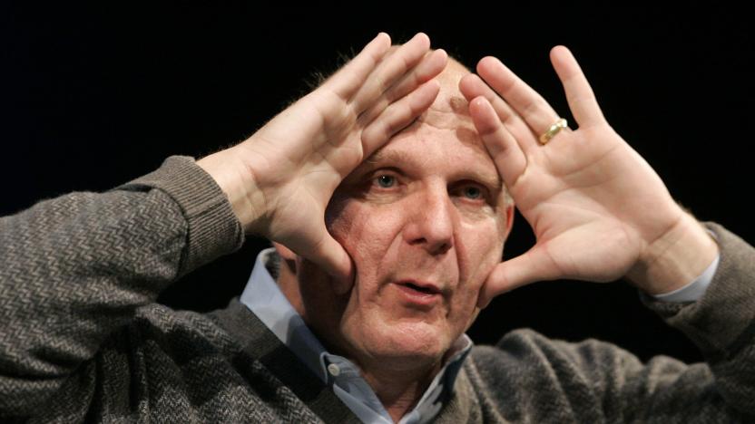 Microsoft CEO Steve Ballmer gestures during a talk to students at Stanford University, as part of the Entrepreneurial Thought Leaders program, in Palo Alto, California May 6, 2009. REUTERS/Robert Galbraith  (UNITED STATES BUSINESS IMAGES OF THE DAY SCI TECH)