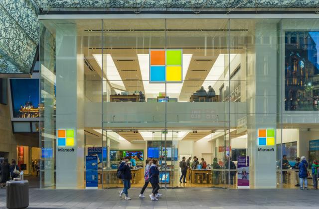 Sydney, Australia - June 26, 2016: View of pedestrians passing by Microsoft flagship store in Sydney during daytime.