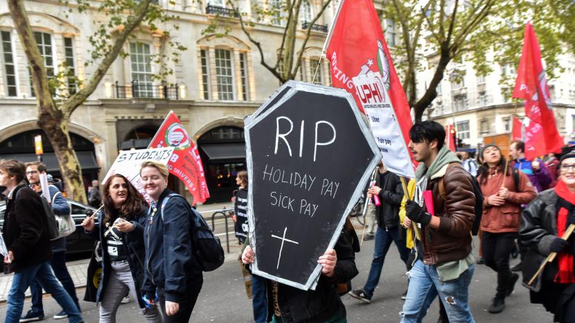 Members of the IWGB (Independent Workers Union of Great Britain) march through London while the IWGB faces Uber at the Court of Appeal as part of the ongoing battle over workers' rights. (Photo credit should read Matthew Chattle / Barcroft Media via Getty Images / Barcroft Media via Getty Images)