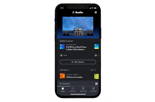 The NYT Audio shown on an iPhone against a white background. 