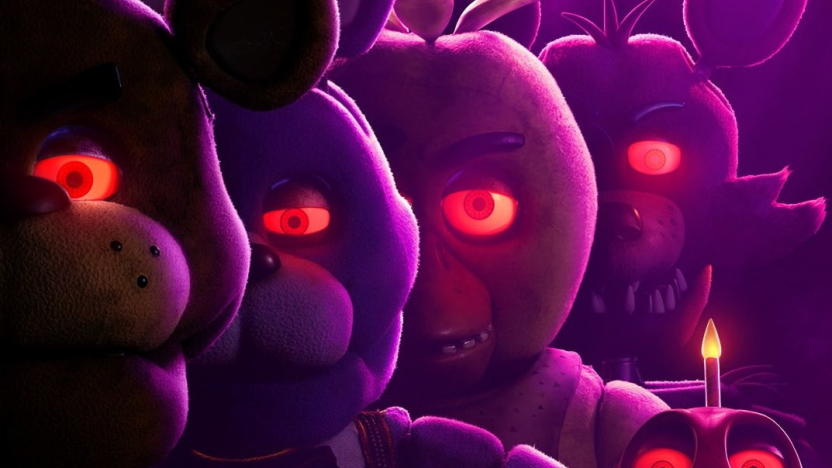 Five Nights at Freddy's movie poster, featuring four animatronic figures with glowing eyes.