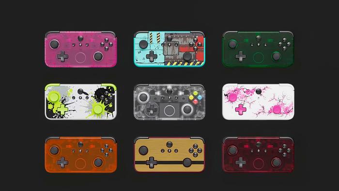 Marketing screenshot for the CRKD Neo S gamepad. Nine variants in different colors and designs sit in a 3x3 grid in front of a black background.