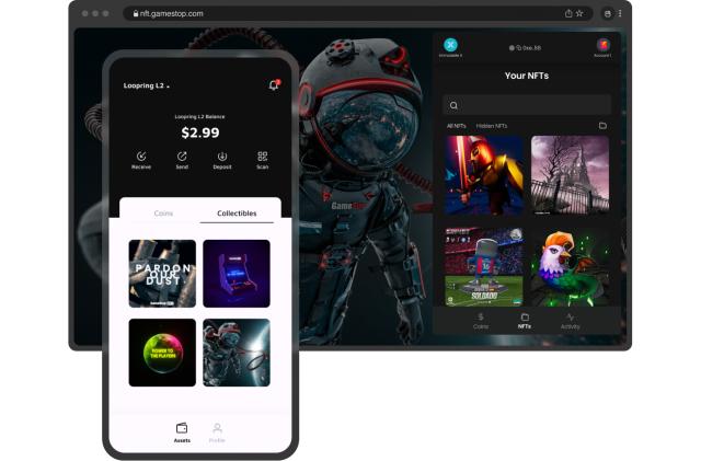 Promotional image for GameStop Wallet. A phone (left) in the foreground shows the mobile app ($2.99 available) and stored digital collectibles. A desktop browser extension sits in the background, showing "Your NFTs."