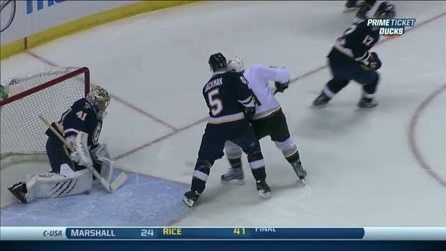 Andrew Cogliano hits it off skate for goal