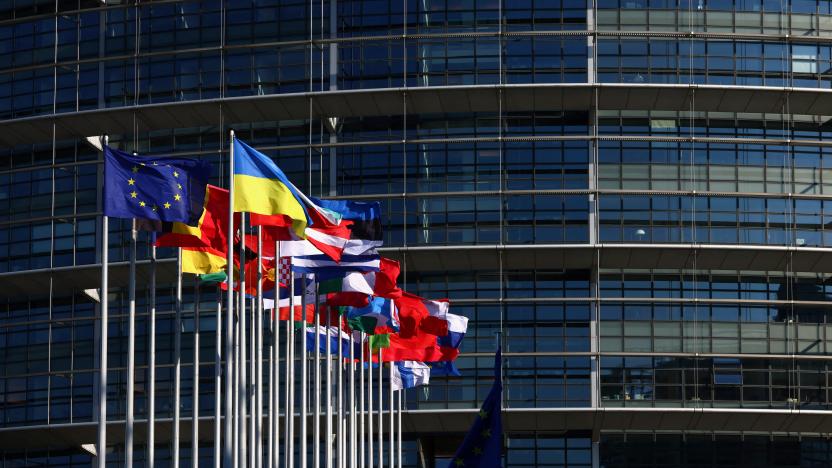 Flags flutter outside of the European Parliament in Strasbourg, France June 12, 2023.  REUTERS/Yves Herman