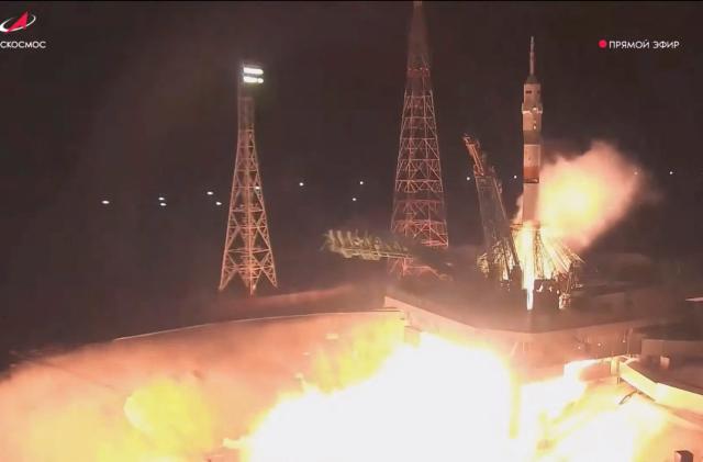 The Soyuz MS-23 spacecraft blasts off from the launchpad at the Baikonur Cosmodrome, Kazakhstan February 24, 2023, in this still image taken from video. Roscosmos/Handout via REUTERS ATTENTION EDITORS - THIS IMAGE HAS BEEN SUPPLIED BY A THIRD PARTY. MANDATORY CREDIT.