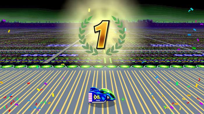 Gameplay screenshot from F-Zero 99 for Nintendo Switch Online. A side view of a blue racing car on a 16-bit sci-fi track. A number one floats above, indicating the racer finished in first place.