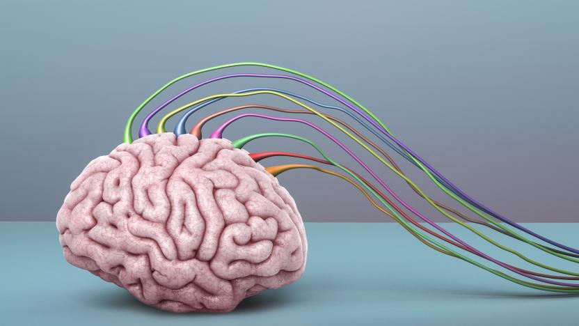 A pink brain simply connects to several wires of multi colours on a blue background