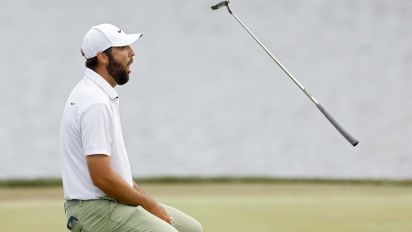 Getty Images - PONTE VEDRA BEACH, FLORIDA - MARCH 17: Scottie Scheffler of the United States reacts after a putt on the 18th green during the final round of THE PLAYERS Championship at TPC Sawgrass on March 17, 2024 in Ponte Vedra Beach, Florida. (Photo by Mike Ehrmann/Getty Images)