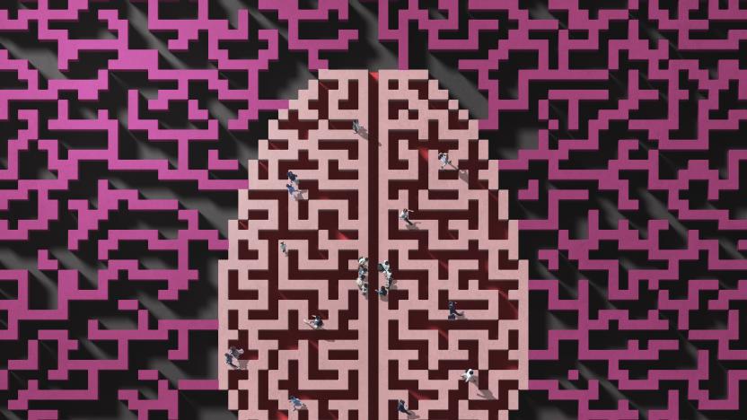 People walking in a  maze shaped as a brain