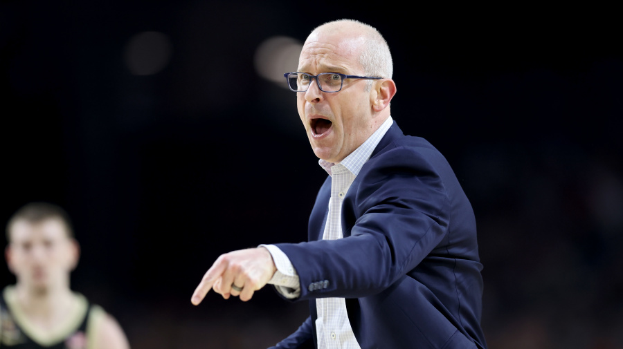 Getty Images - GLENDALE, ARIZONA - APRIL 08: Head coach Dan Hurley of the Connecticut Huskies reacts in the first half against the Purdue Boilermakers during the NCAA Men's Basketball Tournament National Championship game at State Farm Stadium on April 08, 2024 in Glendale, Arizona. (Photo by Christian Petersen/Getty Images)