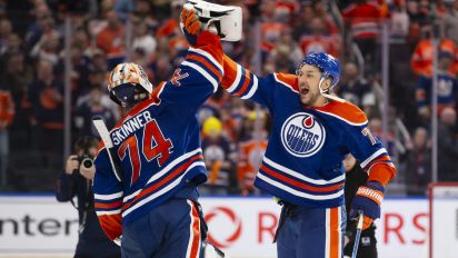 Getty Images - EDMONTON, CANADA - MAY 1: Goaltender Stuart Skinner #74 and Vincent Desharnais #73 of the Edmonton Oilers celebrate a 4-3 victory against the Los Angeles Kings during the third period in Game Five of the First Round of the 2024 Stanley Cup Playoffs at Rogers Place on May 1, 2024, in Edmonton, Canada.  (Photo by Codie McLachlan/Getty Images)