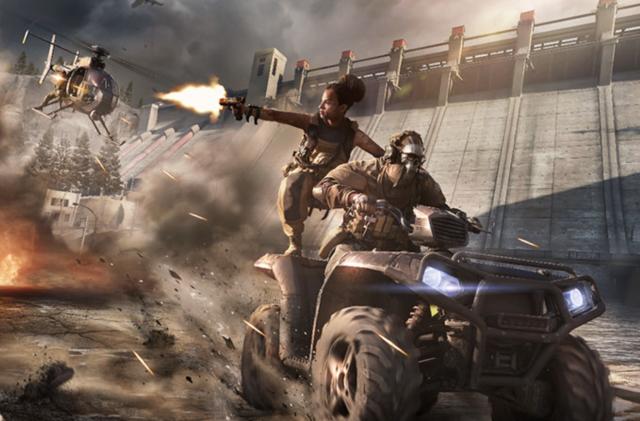 Graphics rendering of a video game character driving a four-wheel vehicle while another character riding behind them shoots at enemies outside the frame. 