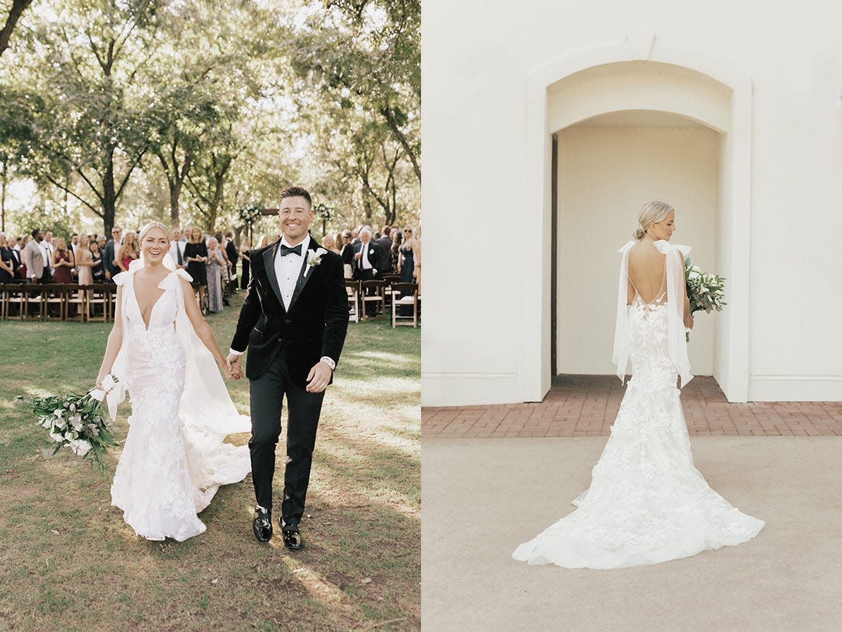A bride picked a wedding dress with a sheer back and daring neckline that looked..