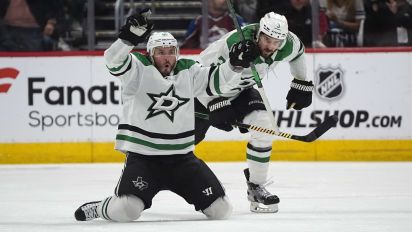 Associated Press - Dallas Stars center Matt Duchene, left, celebrates after scoring the winning goal with defenseman Chris Tanev in the second overtime of Game 6 of an NHL hockey playoff series against the Colorado Avalanche Friday, May 17, 2024, in Denver. (AP Photo/David Zalubowski)