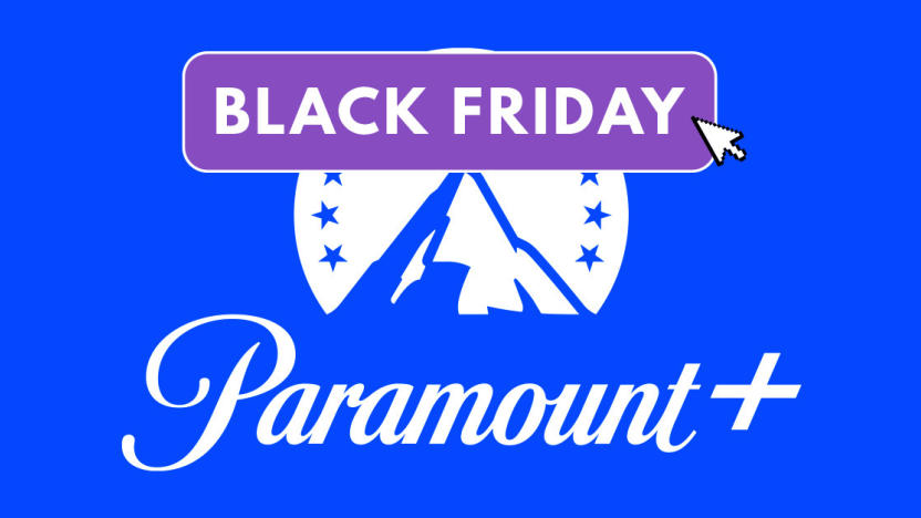 The blue and white paramount + logo has a black friday icon over it. 