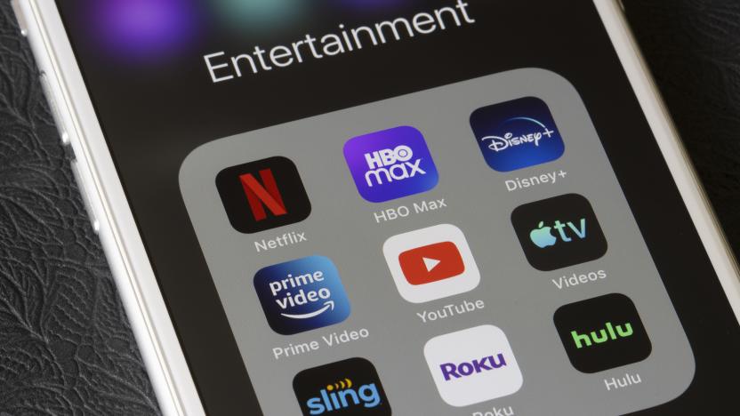 Portland, OR, USA - Feb 2, 2021: Assorted streaming apps are seen on an iPhone, including Netflix, HBO Max, Disney Plus, Amazon Prime Video, YouTube, Apple TV, Sling TV, Roku, and Hulu.