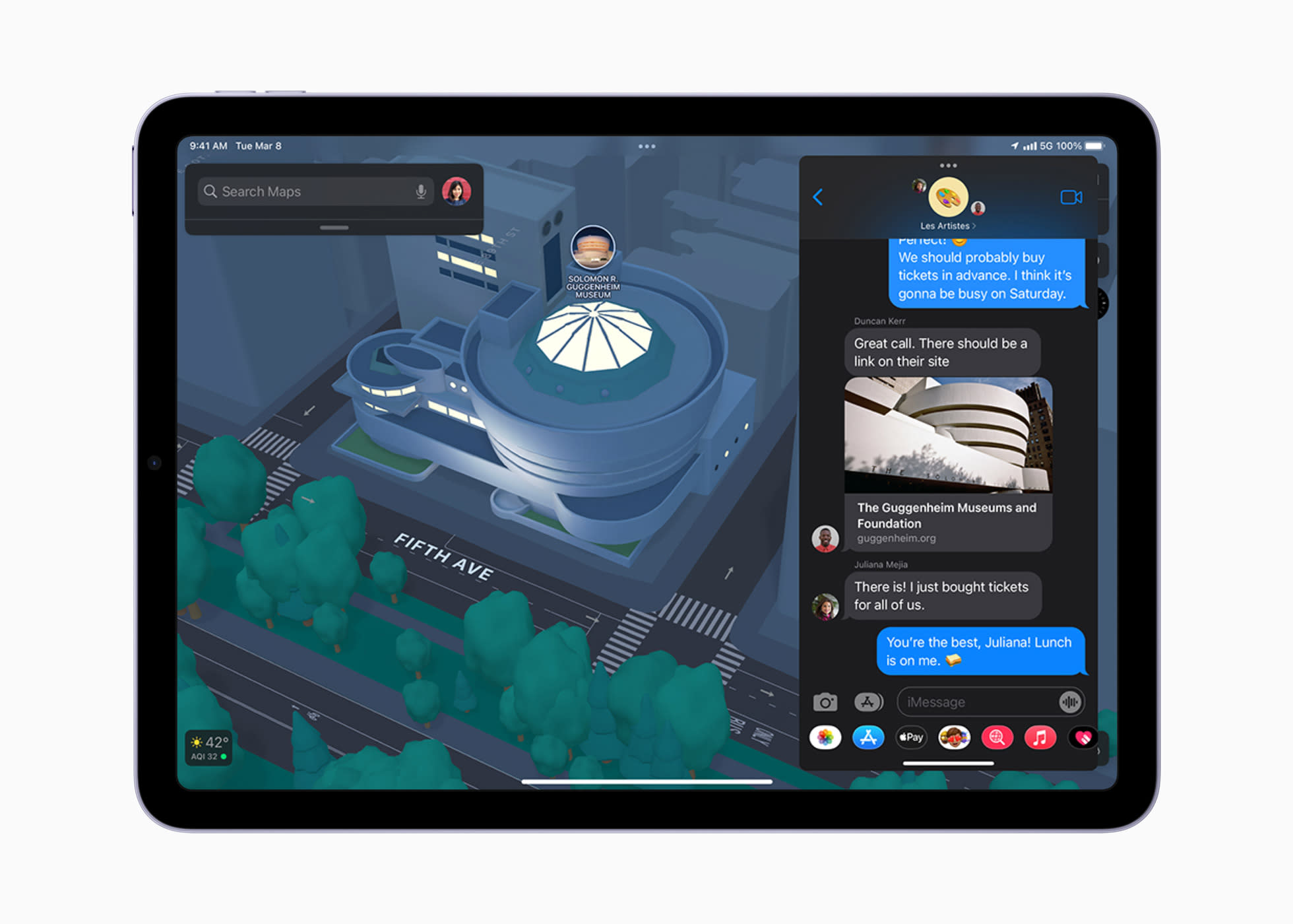 Apple iPad Air with 3D map on screen and chat window